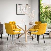 More4Homes Malvern Round Dining Table & Chairs - Clear Glass Table Top w Solid Oak Legs + Nova Velvet Dining Chair Set Of 4 in Mustard