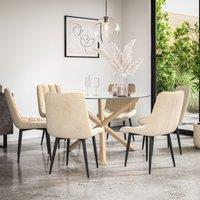 More4Homes Malvern Round Dining Table & Chairs - Clear Glass Table Top w Solid Oak Legs + Nova Velvet Dining Chair Set Of 6 in Beige