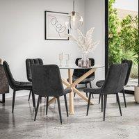 More4Homes Malvern Round Dining Table & Chairs - Clear Glass Table Top w Solid Oak Legs + Nova Velvet Dining Chair Set Of 6 in Black