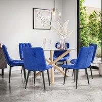 More4Homes Malvern Round Dining Table & Chairs - Clear Glass Table Top w Solid Oak Legs + Nova Velvet Dining Chair Set Of 6 in Blue