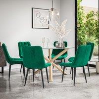 More4Homes Malvern Round Dining Table & Chairs - Clear Glass Table Top w Solid Oak Legs + Nova Velvet Dining Chair Set Of 6 in Green