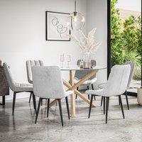 More4Homes Malvern Round Dining Table & Chairs - Clear Glass Table Top w Solid Oak Legs + Nova Velvet Dining Chair Set Of 6 in Grey