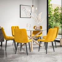 More4Homes Malvern Round Dining Table & Chairs - Clear Glass Table Top w Solid Oak Legs + Nova Velvet Dining Chair Set Of 6 in Mustard