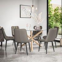 More4Homes Malvern Round Dining Table & Chairs - Clear Glass Table Top w Solid Oak Legs + Nova Faux Leather Dining Chair Set Of 6 in Grey