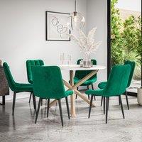More4Homes Malvern Round Dining Table & Chairs - Marble Table Top w Solid Oak Legs + Nova Velvet Dining Chair Set Of 6 in Green