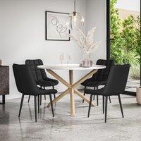 More4Homes Malvern Round Dining Table & Chairs - Marble Table Top w Solid Oak Legs + Nova Faux Leather Dining Chair Set Of 4 in Black