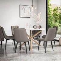 More4Homes Malvern Round Dining Table & Chairs - Marble Table Top w Solid Oak Legs + Nova Faux Leather Dining Chair Set Of 6 in Grey