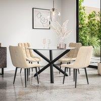 More4Homes Malvern Round Dining Table & Chairs - Clear Glass Table Top w Solid Oak Black Legs + Nova Velvet Dining Chair Set Of 4 in Beige