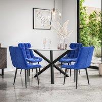 More4Homes Malvern Round Dining Table & Chairs - Clear Glass Table Top w Solid Oak Black Legs + Nova Velvet Dining Chair Set Of 4 in Blue