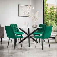 More4Homes Malvern Round Dining Table & Chairs - Clear Glass Table Top w Solid Oak Black Legs + Nova Velvet Dining Chair Set Of 4 in Green