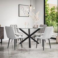 More4Homes Malvern Round Dining Table & Chairs - Clear Glass Table Top w Solid Oak Black Legs + Nova Velvet Dining Chair Set Of 4 in Grey