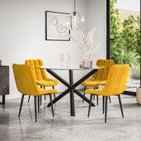 More4Homes Malvern Round Dining Table & Chairs - Clear Glass Table Top w Solid Oak Black Legs + Nova Velvet Dining Chair Set Of 4 in Mustard