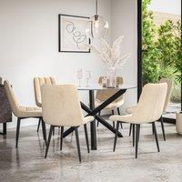 More4Homes Malvern Round Dining Table & Chairs - Clear Glass Table Top w Solid Oak Black Legs + Nova Velvet Dining Chair Set Of 6 in Beige