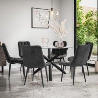 More4Homes Malvern Round Dining Table & Chairs - Clear Glass Table Top w Solid Oak Black Legs + Nova Velvet Dining Chair Set Of 6