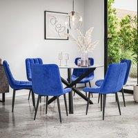 More4Homes Malvern Round Dining Table & Chairs - Clear Glass Table Top w Solid Oak Black Legs + Nova Velvet Dining Chair Set Of 6 in Blue