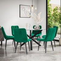 More4Homes Malvern Round Dining Table & Chairs - Clear Glass Table Top w Solid Oak Black Legs + Nova Velvet Dining Chair Set Of 6 in Green