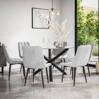 More4Homes Malvern Round Dining Table & Chairs - Clear Glass Table Top w Solid Oak Black Legs + Nova Velvet Dining Chair Set Of 6 in Grey