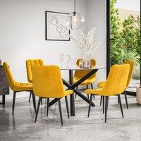 More4Homes Malvern Round Dining Table & Chairs - Clear Glass Table Top w Solid Oak Black Legs + Nova Velvet Dining Chair Set Of 6 in Mustard