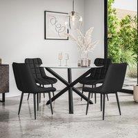 More4Homes Malvern Round Dining Table & Chairs - Clear Glass Table Top w Solid Oak Black Legs + Nova Faux Leather Dining Chair Set Of 4