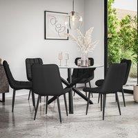 More4Homes Malvern Round Dining Table & Chairs - Clear Glass Table Top w Solid Oak Black Legs + Nova Faux Leather Dining Chair Set Of 6
