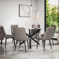More4Homes Malvern Round Dining Table & Chairs - Clear Glass Table Top w Solid Oak Black Legs + Nova Faux Leather Dining Chair Set Of 6 in Grey