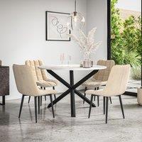 More4Homes Malvern Round Dining Table & Chairs - Marble Table Top w Solid Oak Black Legs + Nova Velvet Dining Chair Set Of 4 in Beige