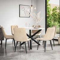 More4Homes Malvern Round Dining Table & Chairs - Marble Table Top w Solid Oak Black Legs + Nova Velvet Dining Chair Set Of 6 in Beige