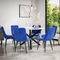More4Homes Malvern Round Dining Table & Chairs - Marble Table Top w Solid Oak Black Legs + Nova Velvet Dining Chair Set Of 6 in Blue