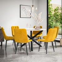 More4Homes Malvern Round Dining Table & Chairs - Marble Table Top w Solid Oak Black Legs + Nova Velvet Dining Chair Set Of 6 in Mustard
