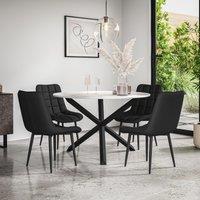 More4Homes Malvern Round Dining Table & Chairs - Marble Table Top w Solid Oak Black Legs + Nova Faux Leather Dining Chair Set Of 4
