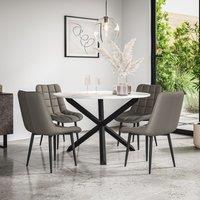 More4Homes Malvern Round Dining Table & Chairs - Marble Table Top w Solid Oak Black Legs + Nova Faux Leather Dining Chair Set Of 4 in Grey