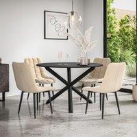 More4Homes Malvern Round Dining Table & Chairs - Black Table Top w Solid Oak Black Legs + Nova Velvet Dining Chair Set Of 4 in Beige