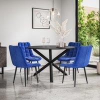 More4Homes Malvern Round Dining Table & Chairs - Black Table Top w Solid Oak Black Legs + Nova Velvet Dining Chair Set Of 4 in Blue