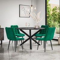More4Homes Malvern Round Dining Table & Chairs - Black Table Top w Solid Oak Black Legs + Nova Velvet Dining Chair Set Of 4 in Green