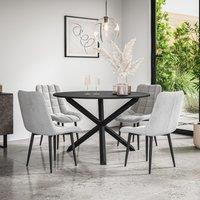 More4Homes Malvern Round Dining Table & Chairs - Black Table Top w Solid Oak Black Legs + Nova Velvet Dining Chair Set Of 4 in Grey