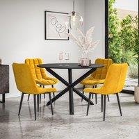 More4Homes Malvern Round Dining Table & Chairs - Black Table Top w Solid Oak Black Legs + Nova Velvet Dining Chair Set Of 4 in Mustard