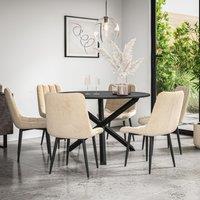 More4Homes Malvern Round Dining Table & Chairs - Black Table Top w Solid Oak Black Legs + Nova Velvet Dining Chair Set Of 6 in Beige