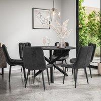 More4Homes Malvern Round Dining Table & Chairs - Black Table Top w Solid Oak Black Legs + Nova Velvet Dining Chair Set Of 6