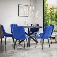 More4Homes Malvern Round Dining Table & Chairs - Black Table Top w Solid Oak Black Legs + Nova Velvet Dining Chair Set Of 6 in Blue
