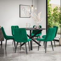 More4Homes Malvern Round Dining Table & Chairs - Black Table Top w Solid Oak Black Legs + Nova Velvet Dining Chair Set Of 6 in Green