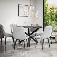 More4Homes Malvern Round Dining Table & Chairs - Black Table Top w Solid Oak Black Legs + Nova Velvet Dining Chair Set Of 6 in Grey