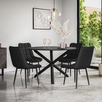 More4Homes Malvern Round Dining Table & Chairs - Black Table Top w Solid Oak Black Legs + Nova Faux Leather Dining Chair Set Of 4