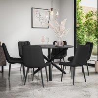 More4Homes Malvern Round Dining Table & Chairs - Black Table Top w Solid Oak Black Legs + Nova Faux Leather Dining Chair Set Of 6