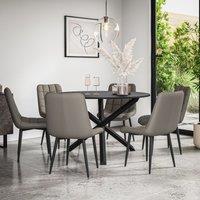 More4Homes Malvern Round Dining Table & Chairs - Black Table Top w Solid Oak Black Legs + Nova Faux Leather Dining Chair Set Of 6 in Grey
