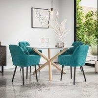 More4Homes Malvern Round Dining Table & Chairs - Clear Glass Table Top w Solid Oak Legs + Anika Velvet Dining Chair Set Of 4 in Blue