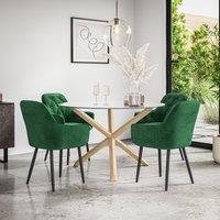 More4Homes Malvern Round Dining Table & Chairs - Clear Glass Table Top w Solid Oak Legs + Anika Velvet Dining Chair Set Of 4 in Green