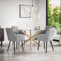 More4Homes Malvern Round Dining Table & Chairs - Clear Glass Table Top w Solid Oak Legs + Anika Velvet Dining Chair Set Of 4 in Grey