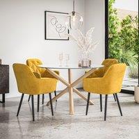 More4Homes Malvern Round Dining Table & Chairs - Clear Glass Table Top w Solid Oak Legs + Anika Velvet Dining Chair Set Of 4 in Mustard