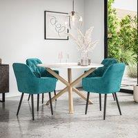 More4Homes Malvern Round Dining Table & Chairs - Marble Table Top w Solid Oak Legs + Anika Velvet Dining Chair Set Of 4 in Blue