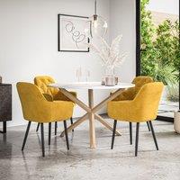 More4Homes Malvern Round Dining Table & Chairs - Marble Table Top w Solid Oak Legs + Anika Velvet Dining Chair Set Of 4 in Mustard